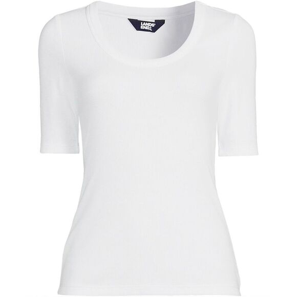 Land's End Drapey Ribbed Scoop Neck Elbow Length Tee White XS size 2-4 - Picture 1 of 7